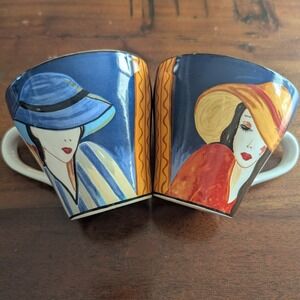 Vtg 1994 Sango Cafe Paris Art Deco Lady Coffee Mugs Set of 2 Parisian Cafe EUC